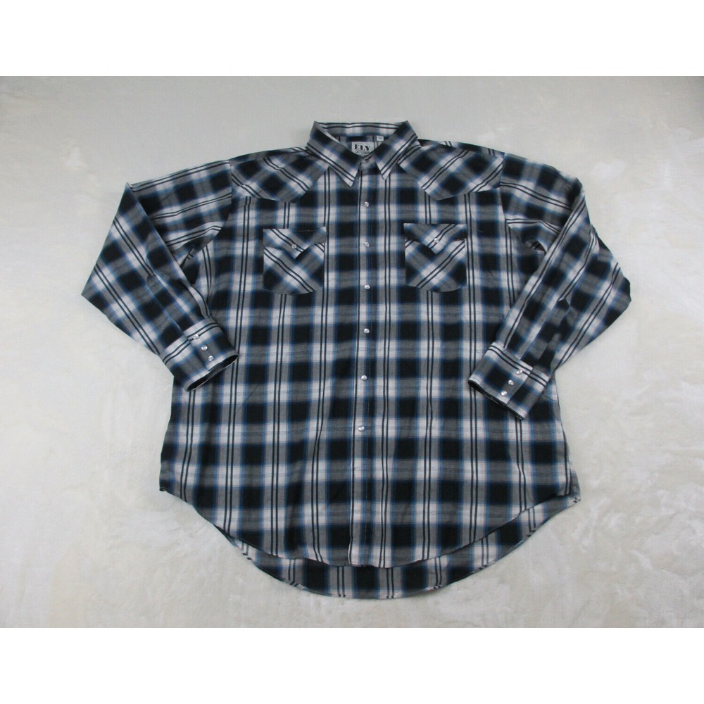 Ely Cattleman Shirt Mens 2XL XXL Blue Plaid Pearl‎ Snap Western Long Sleeve